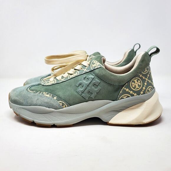 Tory Burch T Monogram Good Luck Trainer Suede Sneakers Blue Celadon Size US 9 - Picture 4 of 10